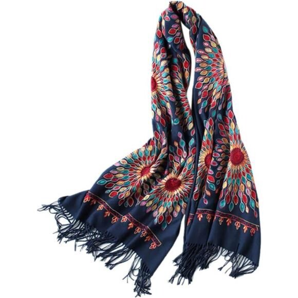 Women's Embroidered Oversize Shawl Scarf Dark Blue